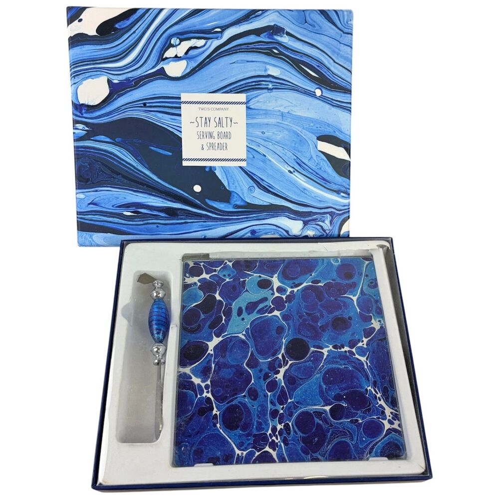 Two's Company STAY SALTY Serving Board & Spreader Set Blue Marbleized